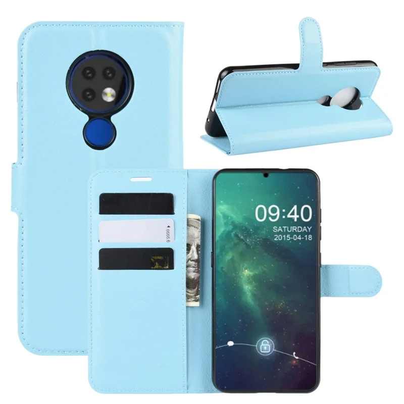 Litchi Skin Leather Wallet Stand Case for Nokia 6.2 - Baby Blue