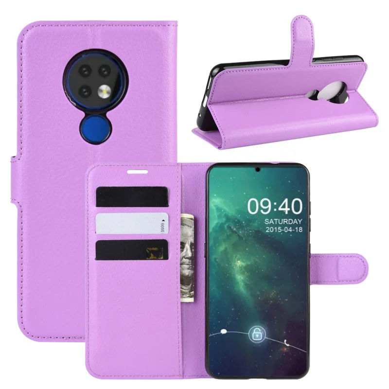 Litchi Skin Leather Wallet Stand Case for Nokia 6.2 - Purple