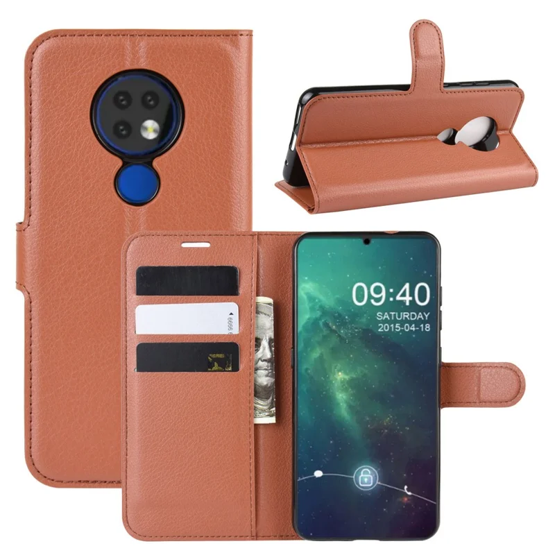 Litchi Skin Leather Wallet Stand Case voor Nokia 6.2 - Bruin