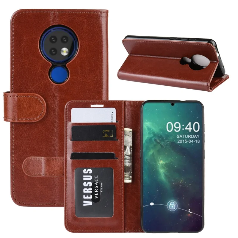 Crazy Horse Skin Wallet Leather Casing for Nokia 6.2 - Brown