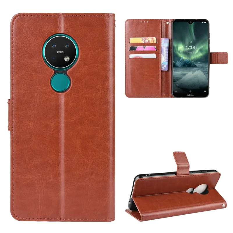 Capa de Couro da Carteira de Textura do Cavalo Louco Com Cinta Para Nokia 6.2 / 7.2 - Castanho