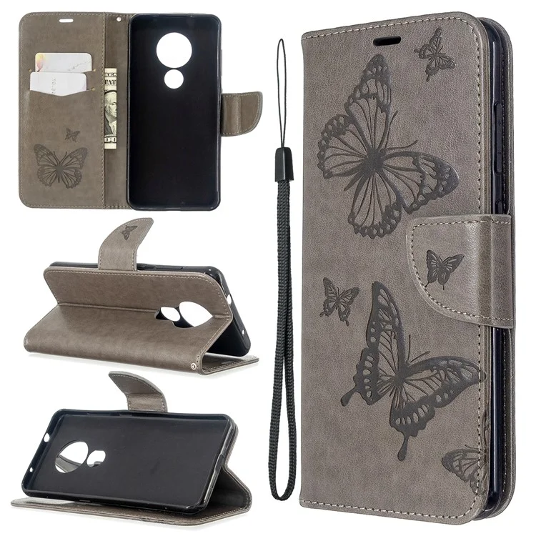 Imprint Butterfly Wallet Leather Stand Case for Nokia 6.2/7.2 - Grey