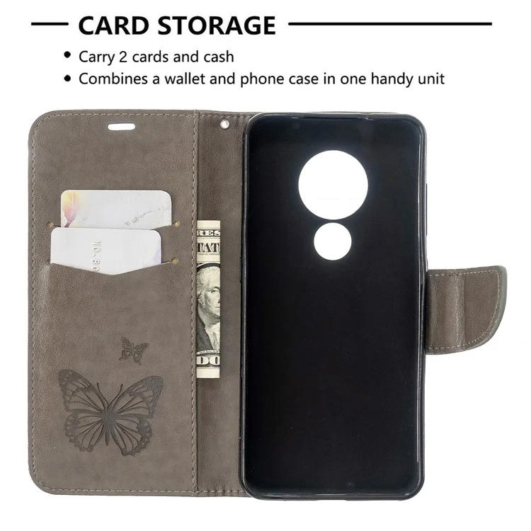 Imprint Butterfly Wallet Leather Stand Case for Nokia 6.2/7.2 - Grey