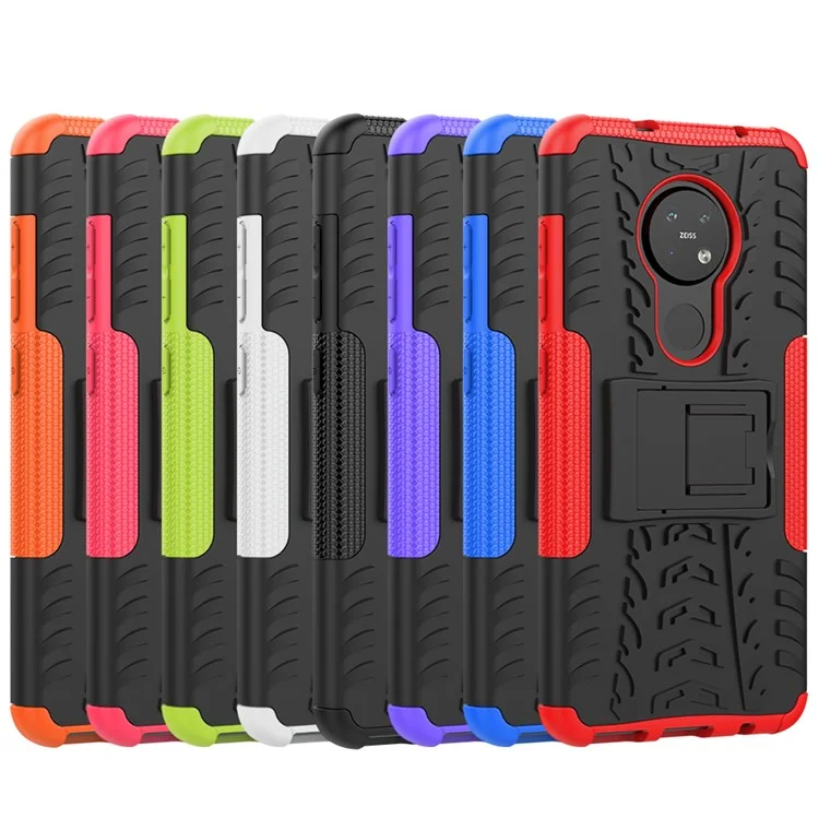 Cool Tyre PC + TPU Hybrid Phone Cover with Kickstand for Nokia 7.2 / 6.2 - Black