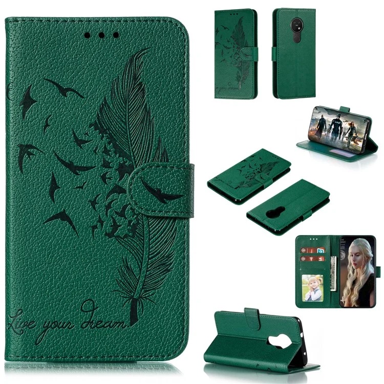 Litchi Design Imprint Feather Leather Phone Case with Wallet Stand for Nokia 7.2 - Verde