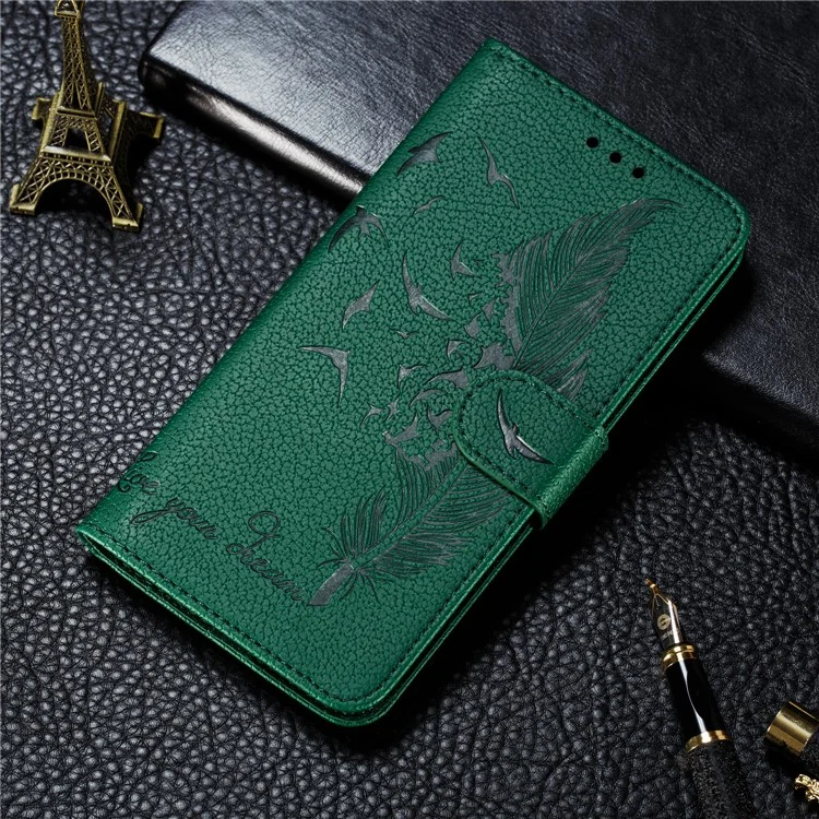 Litchi Design Imprint Feather Leather Phone Case with Wallet Stand for Nokia 7.2 - Verde
