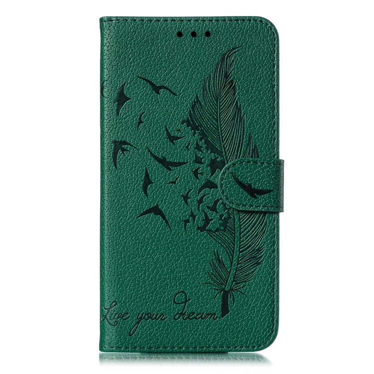 Litchi Design Imprint Feather Leather Phone Case with Wallet Stand for Nokia 7.2 - Verde