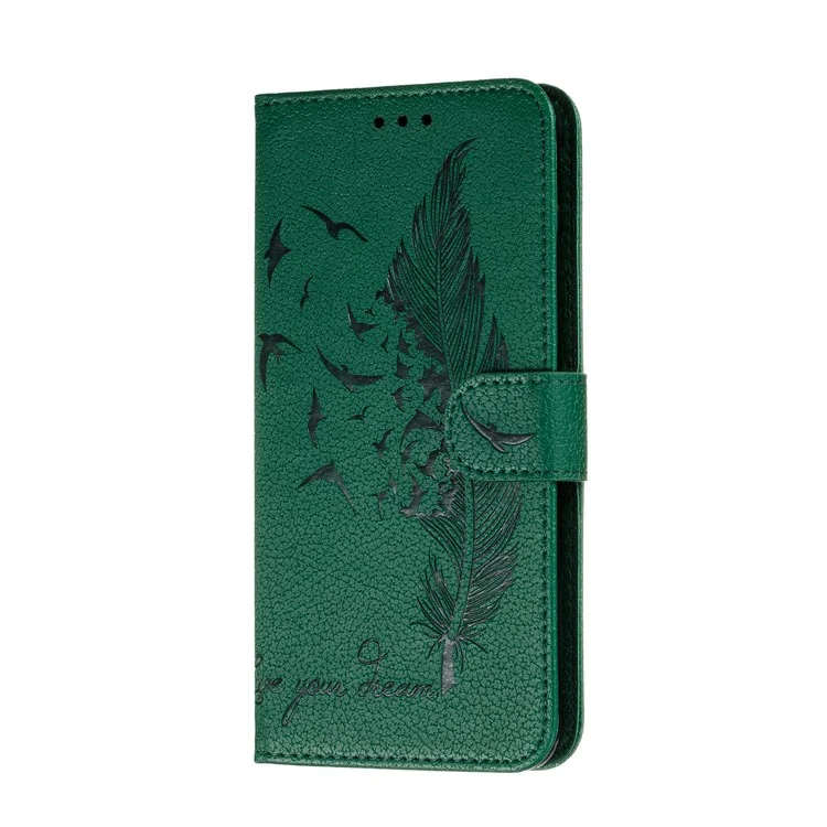 Litchi Design Imprint Feather Leather Phone Case with Wallet Stand for Nokia 7.2 - Verde