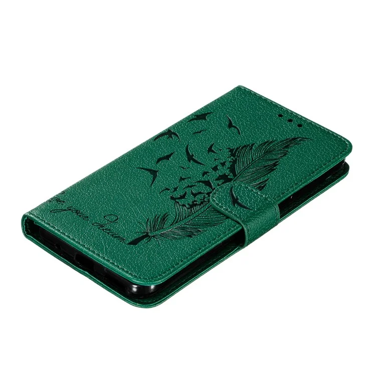 Litchi Design Imprint Feather Leather Phone Case with Wallet Stand for Nokia 7.2 - Verde