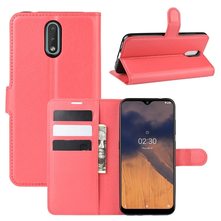 Portefeuille en cuir Litchi Skin Stand Case pour Nokia 2.3 - Rouge