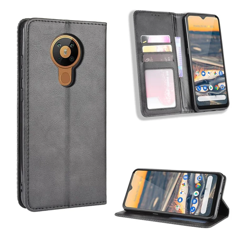 Retro Leather Auto-absorbed Protection Case with Wallet for Nokia 5.3 - Black