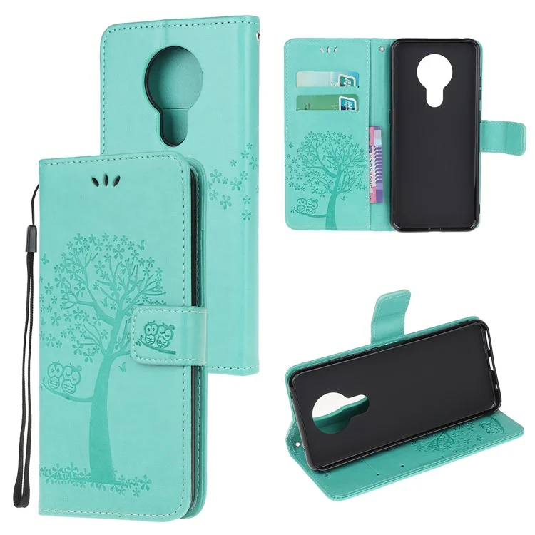 Imprint Tree Owl Leather with Wallet Flip Cover for Nokia 5.3 - Cyan