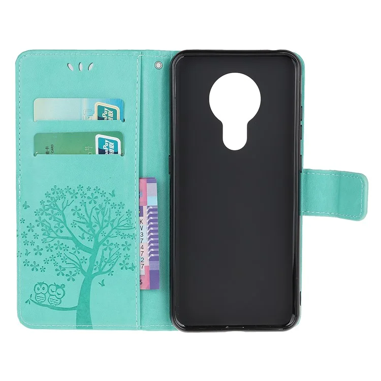 Imprint Tree Owl Leather with Wallet Flip Cover for Nokia 5.3 - Cyan