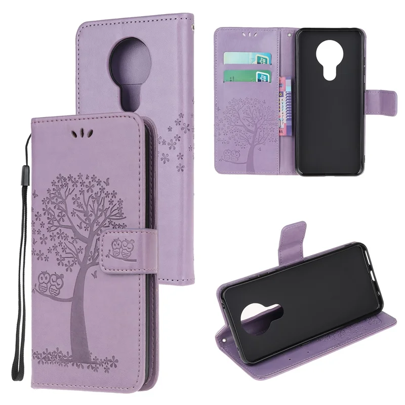 Imprint Tree Owl Leather with Wallet Flip Cover for Nokia 5.3 - Light Purple