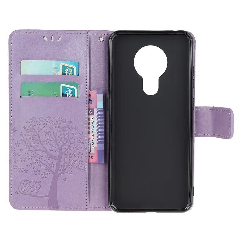 Imprint Tree Owl Leather with Wallet Flip Cover for Nokia 5.3 - Light Purple