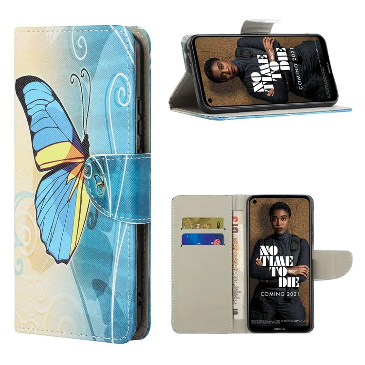 Cross Texture Leather Wallet Stand Protective Case with Pattern Printing for Nokia 3.4 - Blue Butterfly