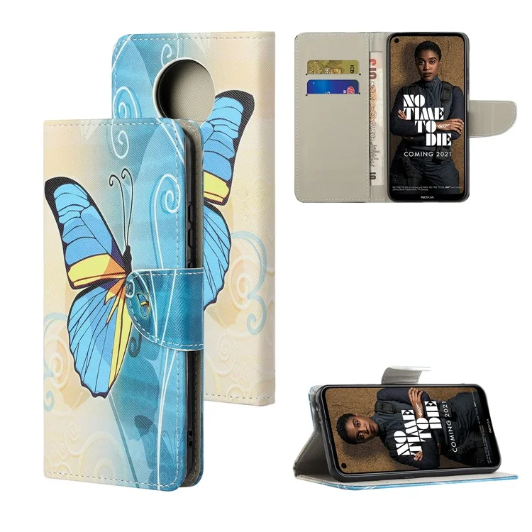 Cross Texture Leather Wallet Stand Protective Case with Pattern Printing for Nokia 3.4 - Blue Butterfly