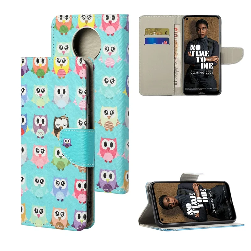 Cross Texture Leather Wallet Stand Protective Case with Pattern Printing for Nokia 3.4 - Owls Tile