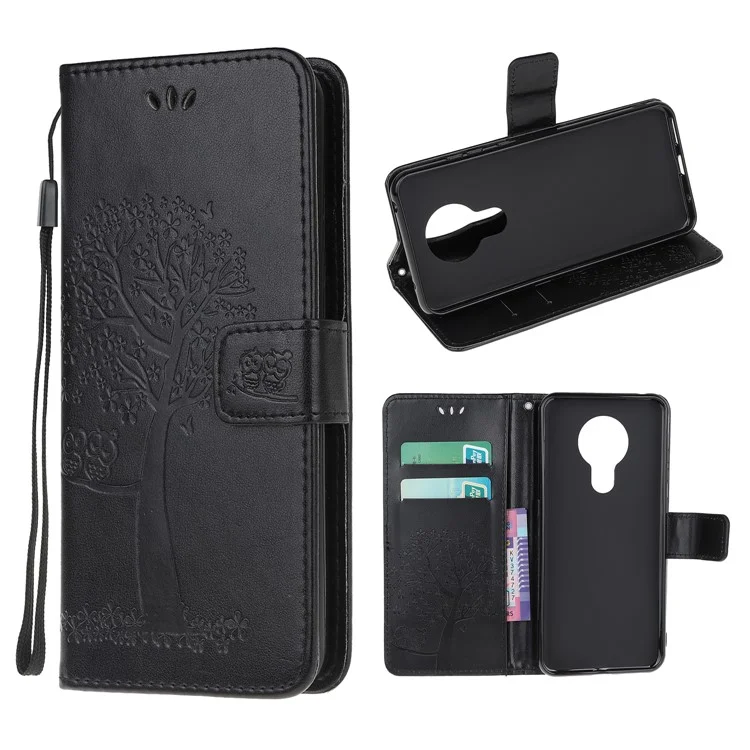 Imprint Tree Owl Stand Wallet Leather Cover for Nokia 3.4 - Black