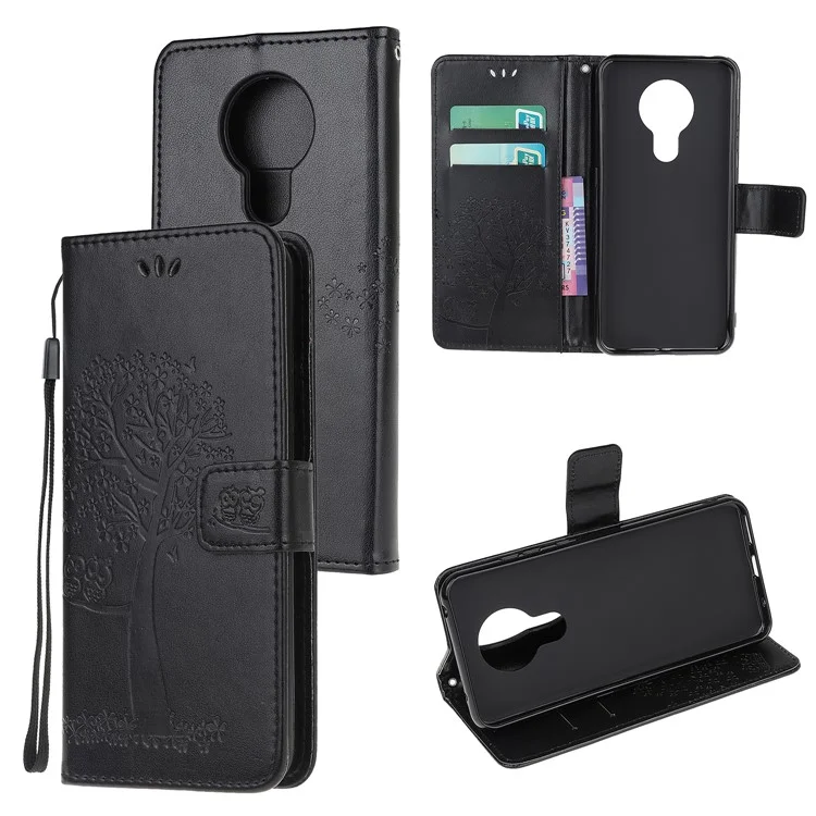 Imprint Tree Owl Stand Wallet Leather Cover for Nokia 3.4 - Black
