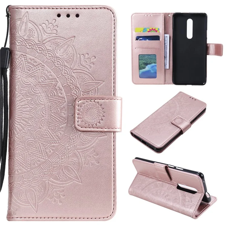 Imprinted Mandala Flower Wallet Leather Case with Strap for Nokia 2.4 - Rose Gold
