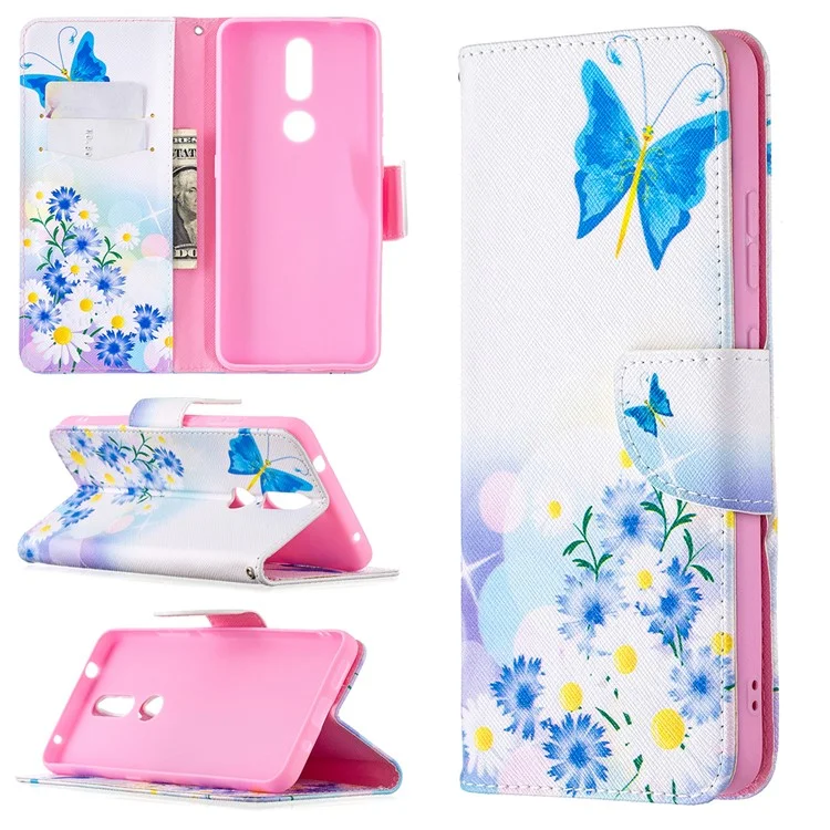 Pattern Printing Leather Wallet Stand Protective Shell for Nokia 2.4 - Butterfly and Flower