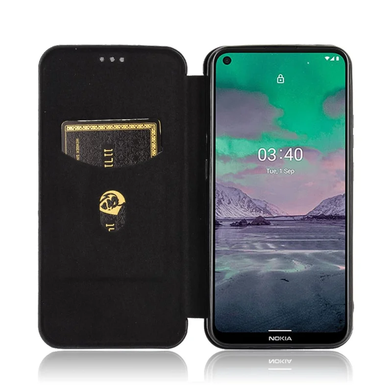 Auto-assorbente Custodia in Pelle di Fibra di Carbonio con Porta Carte per Nokia 3.4 - Nero