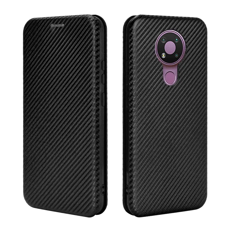 Auto-assorbente Custodia in Pelle di Fibra di Carbonio con Porta Carte per Nokia 3.4 - Nero