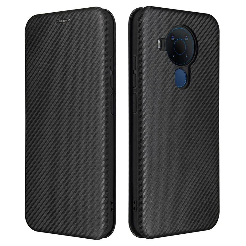 Carbon Fiber Texture Stand Cover for Nokia 5.4 Auto-absorbed Leather Case - Black