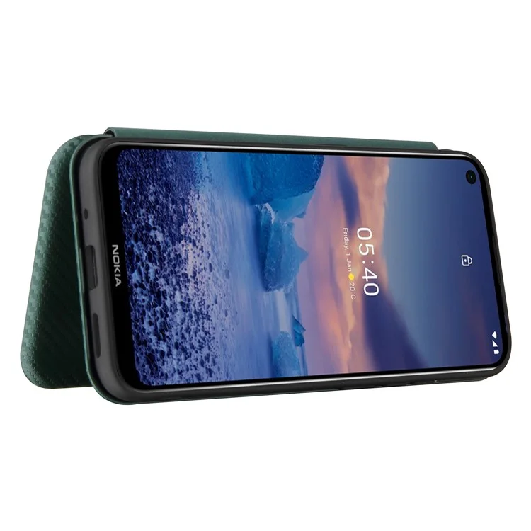 Kohlefaser-texturständer Cover Für Nokia 5.4 Auto-absorbiertes Ledertupfen - Grün