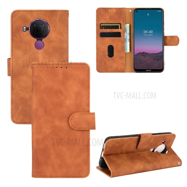 Skin-touch Protective Leather Flip Shell for Nokia 5.4 Wallet Stand Cover - Brown