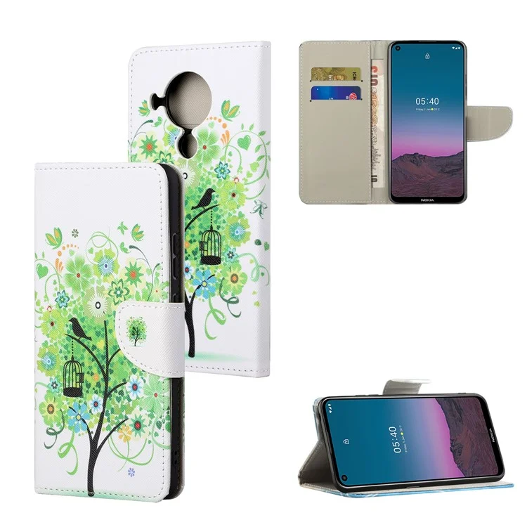 Impresión de Patrones Textura Cruzada Capas de Cuero Para Nokia 5.4 Case de Stand de Billetera - Árbol Verde