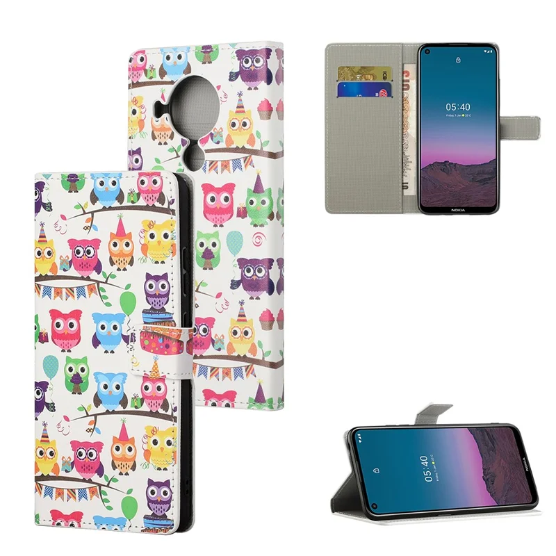 Beskyttende omslag til Nokia 5.4 med wallet, mønstertrykt læder til telefon - Sjove ugler