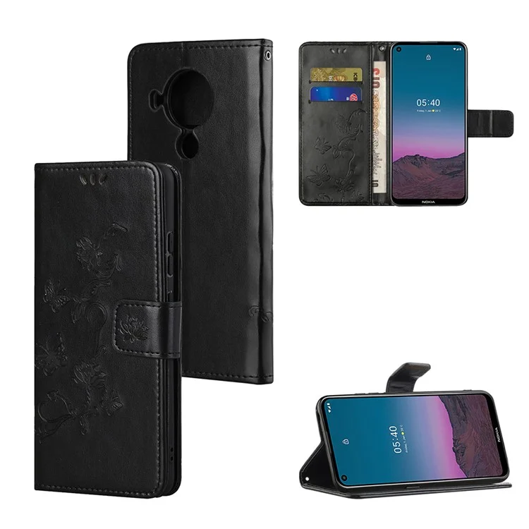 Imprint Butterfly Flower Leather Wallet Stand Phone Cover for Nokia 5.4 - Black