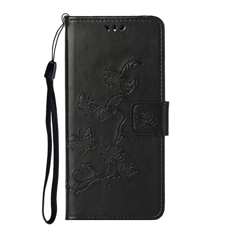 Imprint Butterfly Flower Leather Wallet Stand Phone Cover for Nokia 5.4 - Black