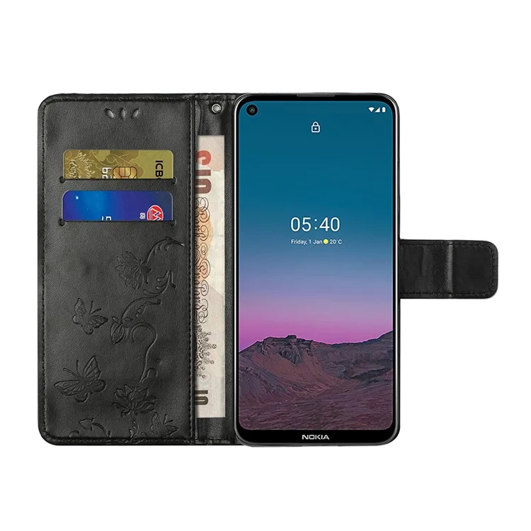 Imprint Butterfly Flower Leather Wallet Stand Phone Cover for Nokia 5.4 - Black