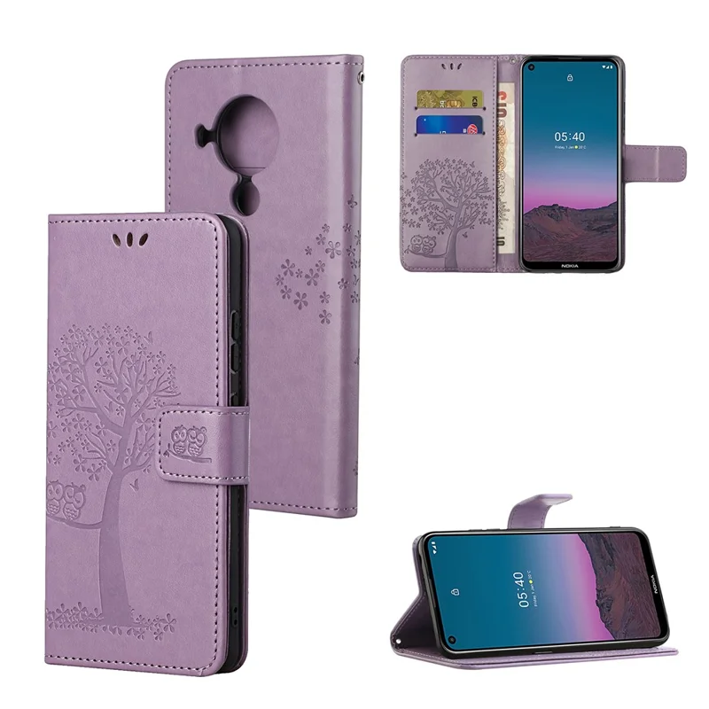 Owl Pattern Printing Design Leather Wallet Phone Cover for Nokia 5.4 - Purple