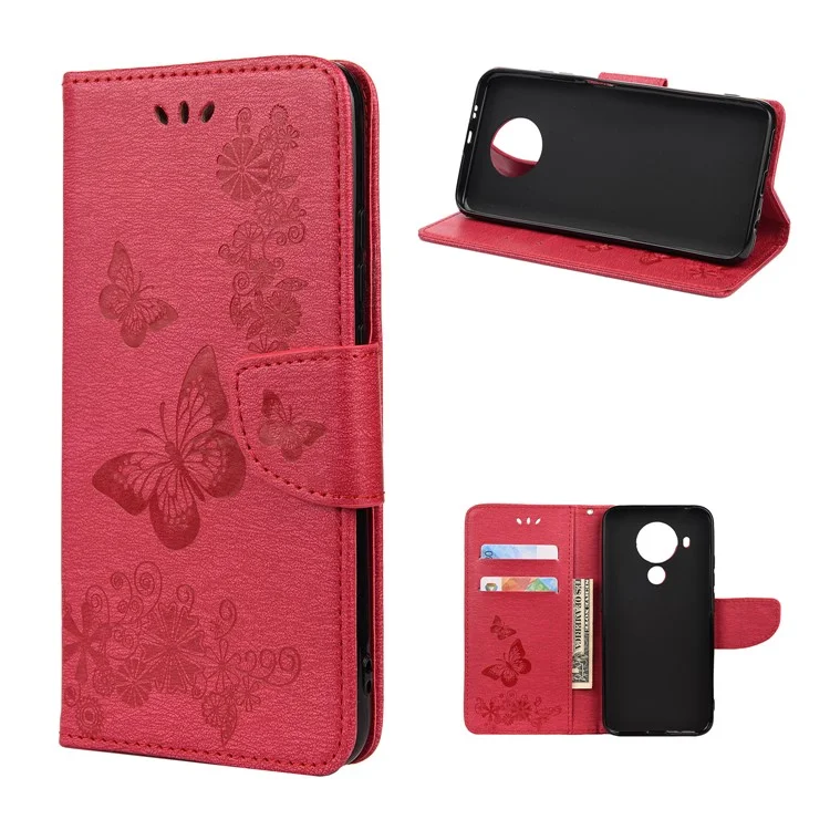 Imprinted Butterflies Flower Leather Wallet Stand Case for Nokia 5.4 - Red