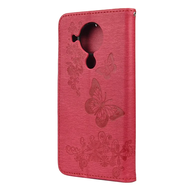 Imprinted Butterflies Flower Leather Wallet Stand Case for Nokia 5.4 - Red