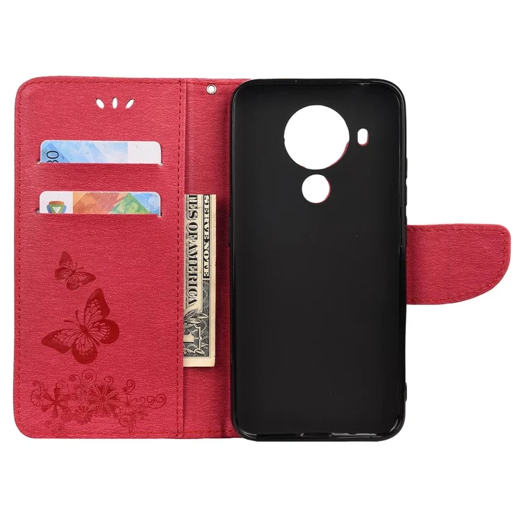 Imprinted Butterflies Flower Leather Wallet Stand Case for Nokia 5.4 - Red