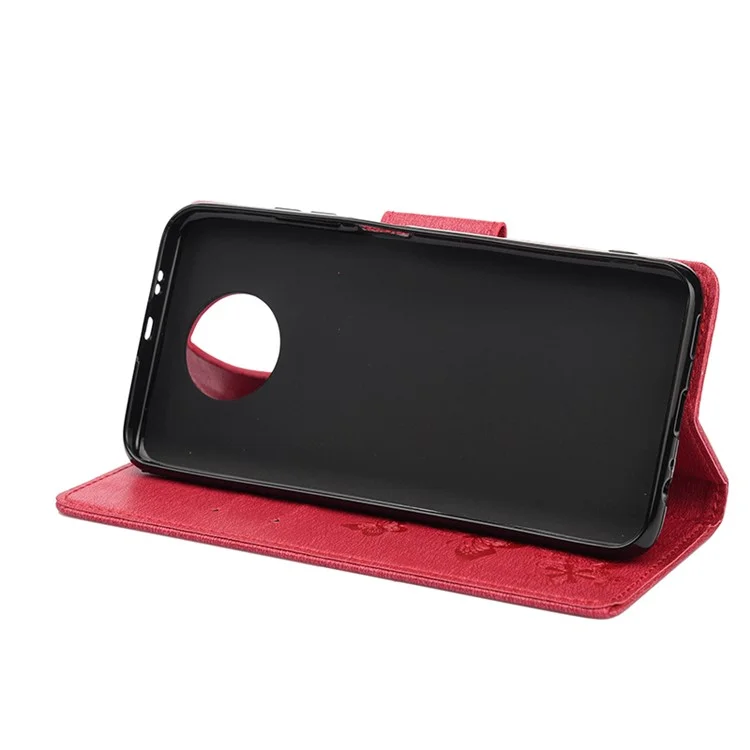 Imprinted Butterflies Flower Leather Wallet Stand Case for Nokia 5.4 - Red
