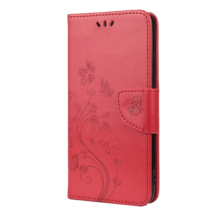 Imprinted Butterflies Flower Leather Wallet Stand Case for Nokia 5.4 - Red