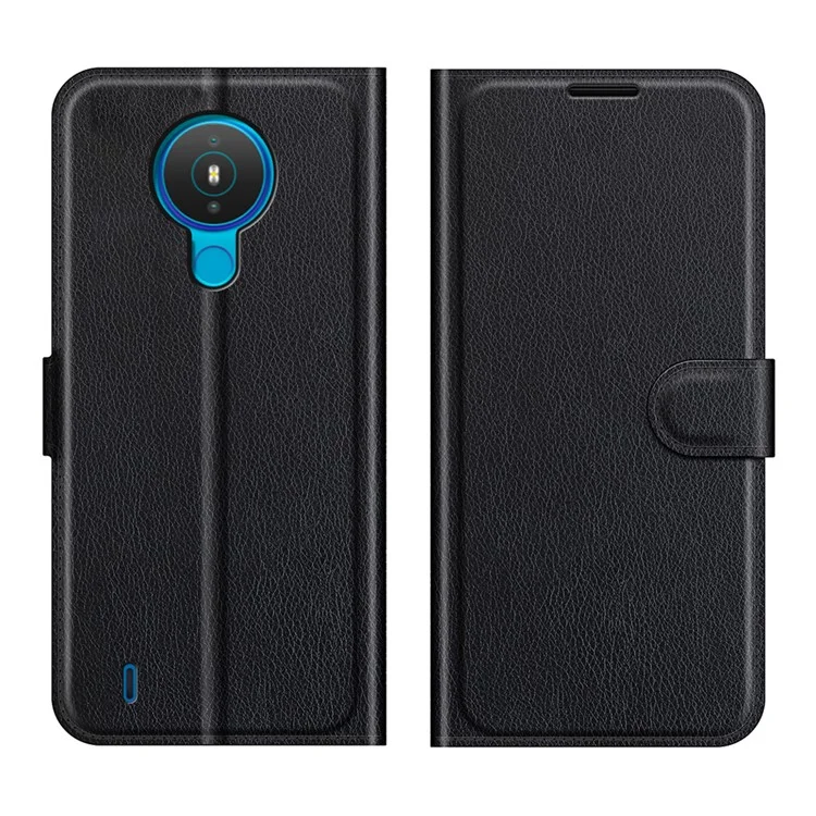 Бумажник из кожи личи со стойкой для Nokia 1.4 Folio Flip Mobile Phone Cover - черный