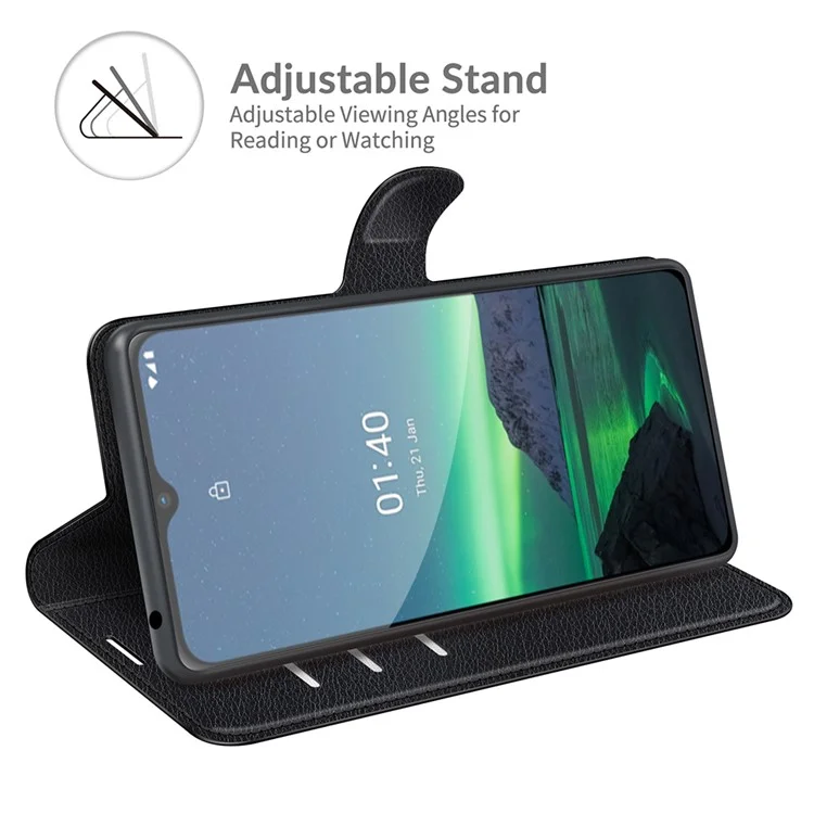 Бумажник из кожи личи со стойкой для Nokia 1.4 Folio Flip Mobile Phone Cover - черный