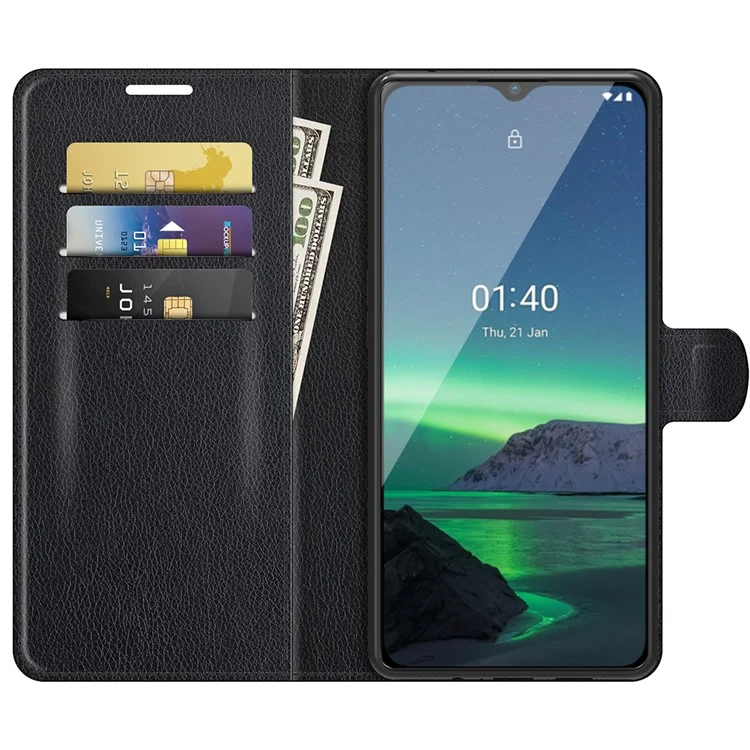Бумажник из кожи личи со стойкой для Nokia 1.4 Folio Flip Mobile Phone Cover - черный