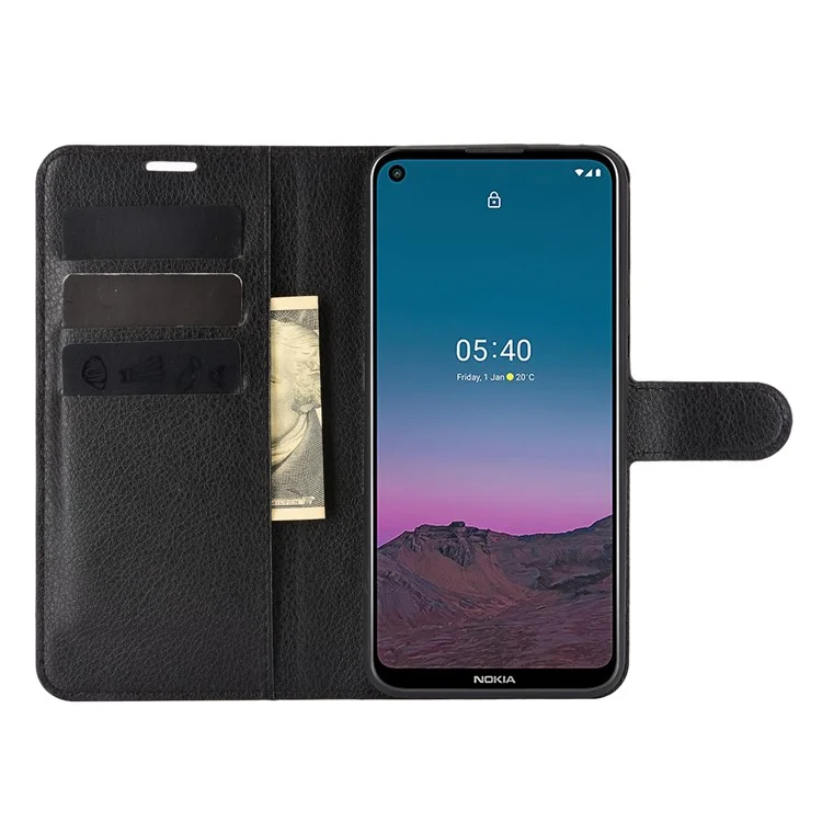 Litchi Skin Leather Wallet Case for Nokia 5.4 Mobile Phone Stand Cover - Black