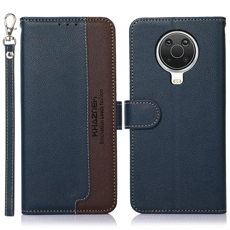 KHAZNEH RFID Blocking Anti-theft Swiping Design Litchi Skin PU Leather Wallet Phone Stand Shell Case per Nokia 6.3 / G10 / G20 - Blu