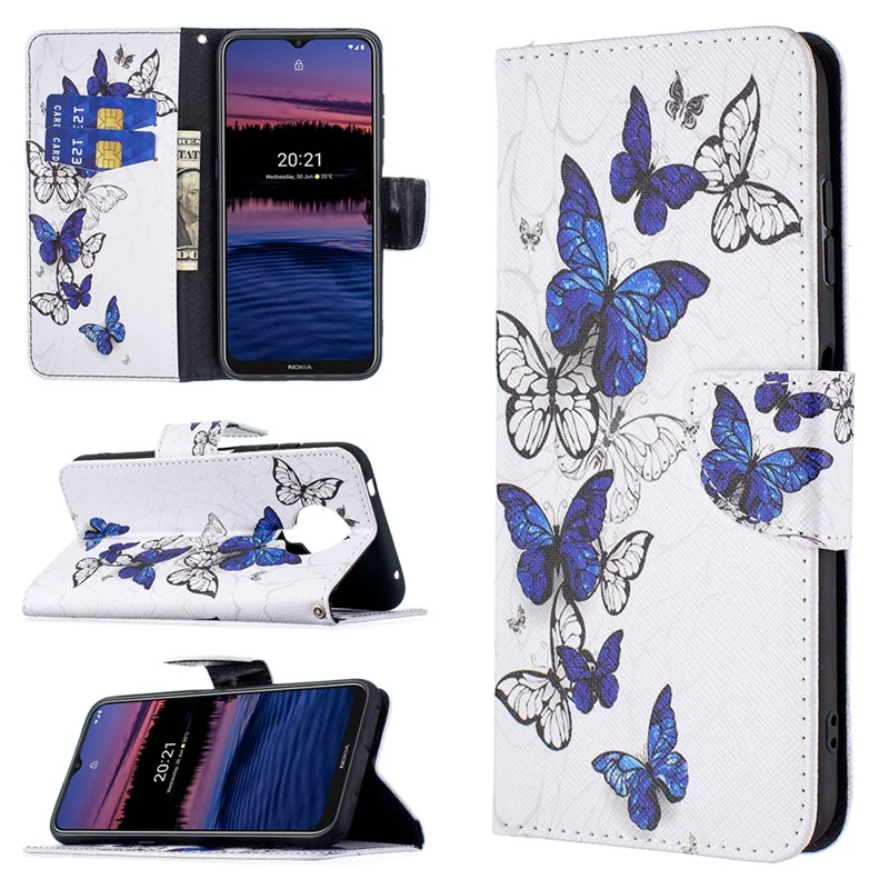 Pattern Printing Wallet Leather Stand Shell for Nokia G20 - Blue Butterflies