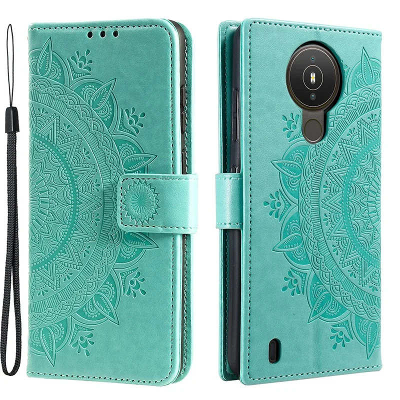 Imprinted Mandala Flower Wallet Leather Case for Nokia 1.4 - Green
