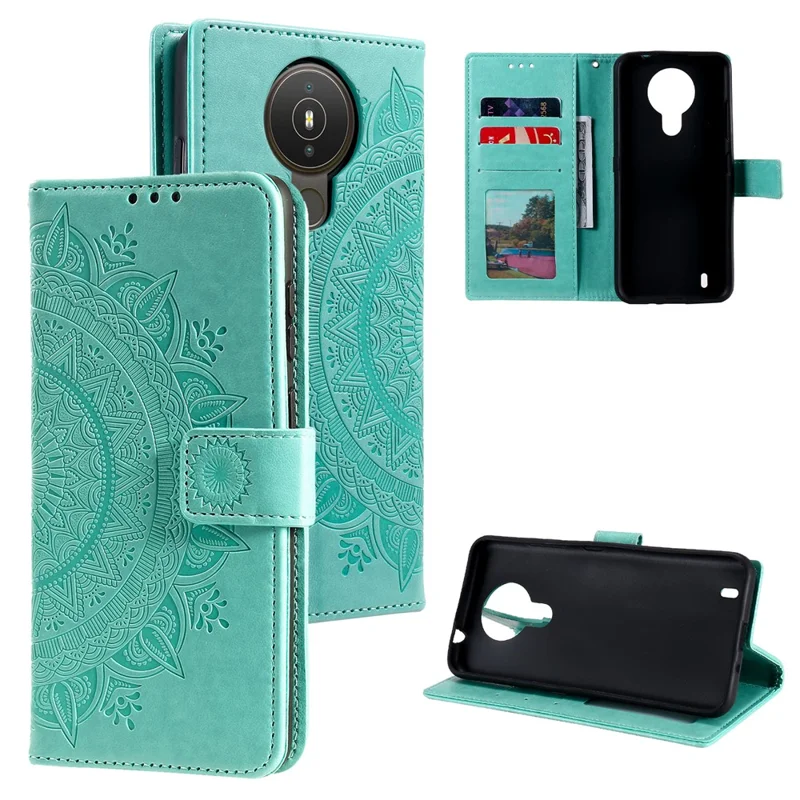 Imprinted Mandala Flower Wallet Leather Case for Nokia 1.4 - Green